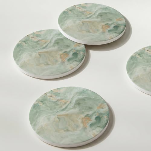 Set of 6 Sage Green Marble Coasters with Holder (6 Count)