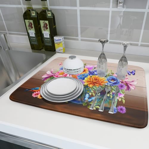 Summer Flowers Dish Drying Mat for Kitchen Counter 18x24in Vintage Colorful Floral Kitchen Drying Mat Soft Absorbent Microfiber Farmhouse Flowers Dish Drainer Rack Mats for Kitchen Countertops