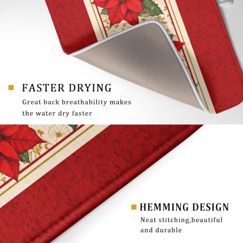 Poinsettia Flowers Dish Drying Mat 18"x24" Christmas Red Decorative Dish Drainer Mats Xmas Winter Floral Print Reversible Microfiber Dish Drying Rack Pad for Kitchen Countertop Sink