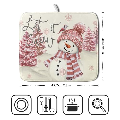 Pink Snowman Dish Drying Mat Xmas Trees Bird Winter Snowy Scene Dish Drainer Mats 16"x18" Microfiber Reversible Dish Drying Rack Pad Protector for Kitchen Countertop Decor