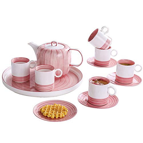 Utility Tea Set for Adults Tea Cup and Saucer Sets of 6 Afternoon Tea Set Pink Teapot Coffee Cup Set with Tea Tray Gift for Mother's Day Teapots