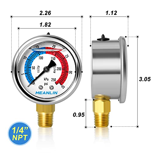 1/4" NPT 0-35psi Pressure Gauge, 2" Dial Glycerine Filled Pool Filter, 304 Stainless Steel Housing, Lower Mount, with 1/2" NPT and 3/8" NPT Hex Bushing