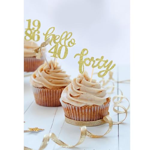 Gold Glitter 40th Birthday Cupcake Toppers (24 Count)