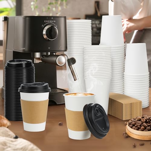 50 Pack 10 oz Disposable Coffee Cups With Lids and Sleeves (50 Count)