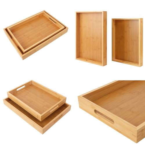 2 Pack Large Bamboo Serving Tray with Handles (2 Count)