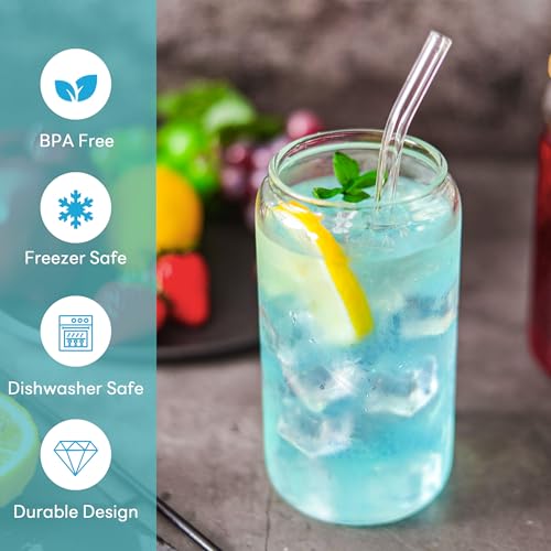 Glass Cups with Bamboo Lids and Straws 2 Set 16 oz Reusable Iced Coffee Cup Beer Can Drinking Jars for Smoothie Whiskey Boba Soda Tea Gift (2 Count)