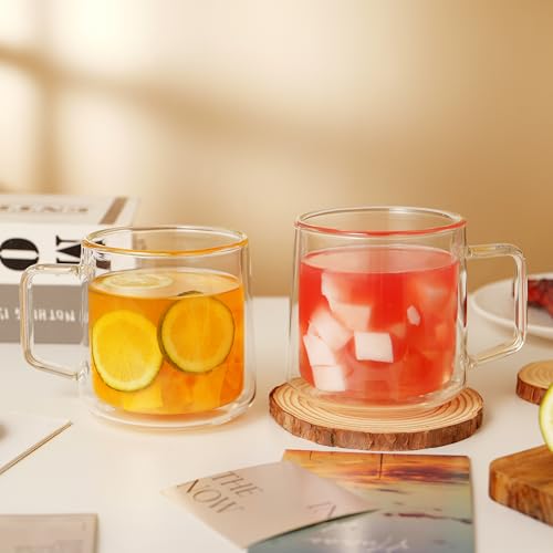15oz(4-pack) Double Walled Glass Coffee Mugs,Large Insulated Glass Mugs with Handle,Clear Coffee Cups for Espresso,Latte,Cappuccino,Tea (4 Count)