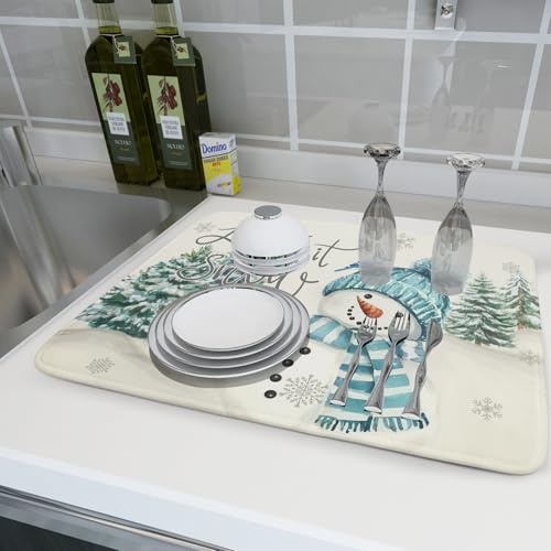 Blue Snowman Dish Drying Mat Xmas Trees Bird Winter Snowy Scene Dish Drainer Mats 18"x24" Microfiber Reversible Dish Drying Rack Pad Protector for Kitchen Countertop Decor