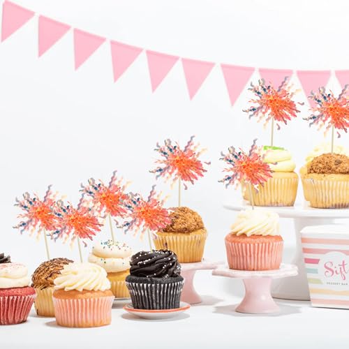 30Pcs Foil Firework Cupcake Toppers Sparkle Tinsel Cake Toppers Tinsel Drink Cake Decoration Cocktail Picks for Birthday Wedding Graduation Party Supplies Orange (30 Count)
