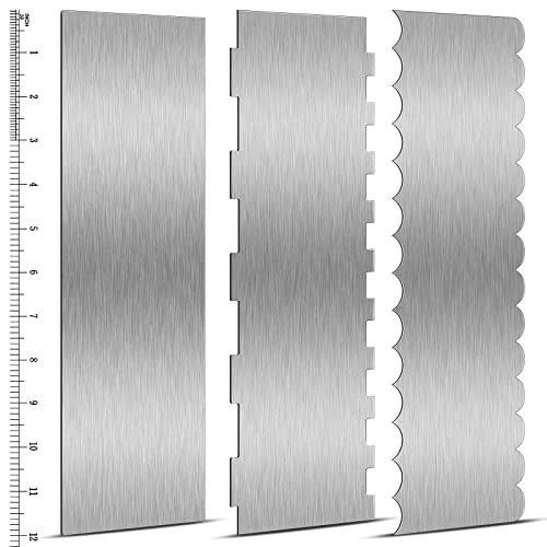 3 Pcs 12 Inch Cake Scraper Smoother Stainless Steel Cake Scraper Metal Large Double Sided Patterned Edge Decorating Comb Icing Smoother for Mousse Butter Cream Dessert Decoration (3 Count)