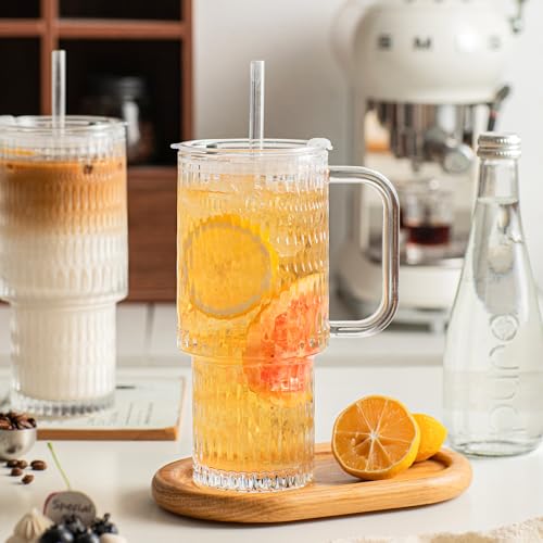 24 oz Raindrop Glass Tumbler with Handle and Lid