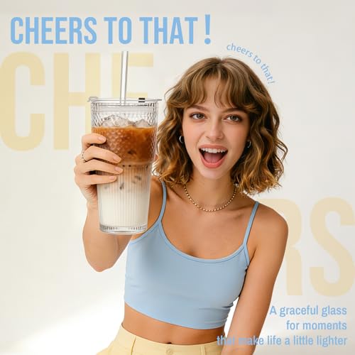 20oz Wave Ribbed Glass Tumbler with Lid and Straw