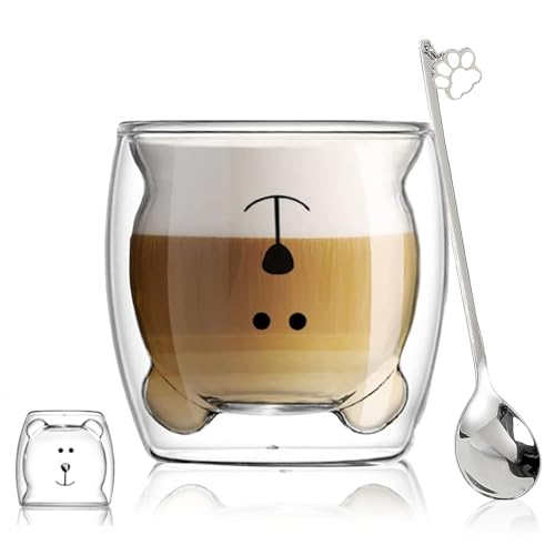 Cute Mugs Double Wall Glass Coffee Glass Cup Kawaii Bear Tea Milk Cup Funny Mug Animal Mug Aesthetic Cup for Office and Personal Birthday Gift