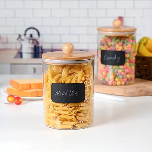 Set of 2 Glass Canisters for Kitchen Counter with Airtight Bamboo Lids + Marker & Labels (2 Count)