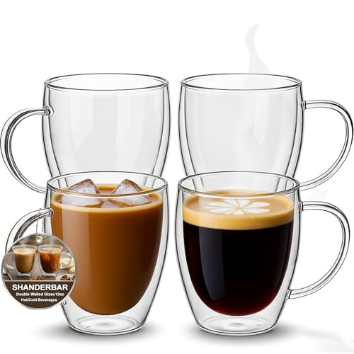 12oz Double Walled Glass Coffee Mugs with Handles (4 Count)