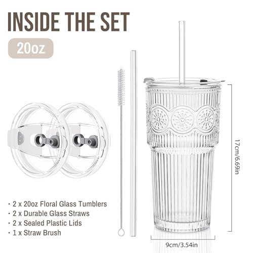 20oz Ribbed & Floral Glass Tumbler with Lid and Straw