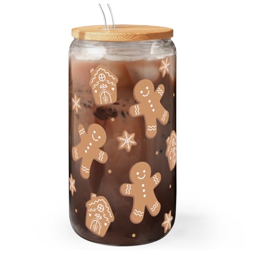 Gingerbread Christmas 16oz Can Glass Tumbler with Bamboo Lid & Straw