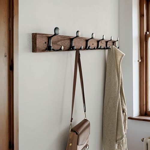 36 Inch Wood Burnt Coat Rack Wall Mount with 6 Triple Hooks