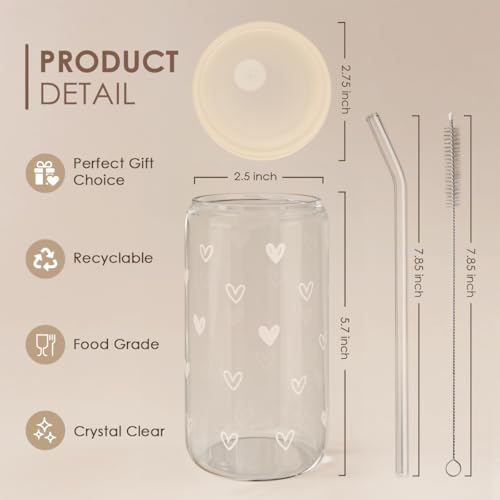 Heart 16oz Can Glass Tumbler with Acrylic Lid & Straw
