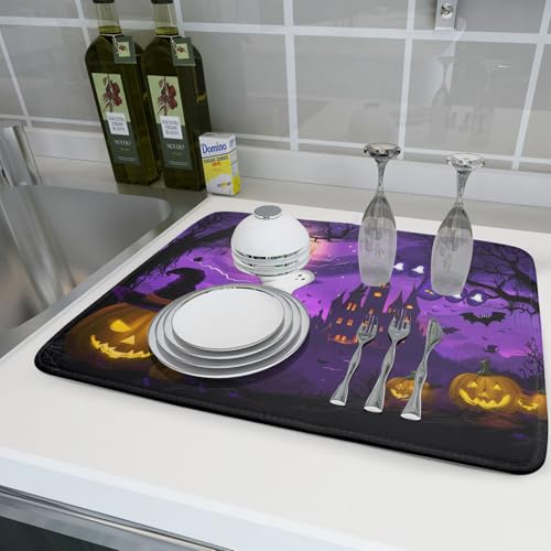 Halloween Scary Night Pumpkin Lanterns Dish Drying Mat for Kitchen Counter