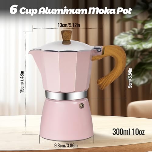 6 Cup Aluminum Moka Pot Classic Stovetop Espresso Coffee Maker 300ml 10oz Coffeemaker Percolator Mocha Pot Greca Coffee Maker Cafe Makers for Italian and Cuban Café Brewing Pink