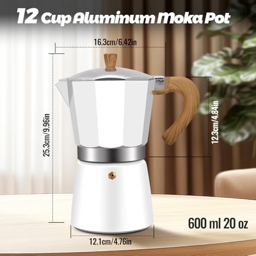 12 Cup Aluminum Moka Pot Classic Stovetop Espresso Coffee Maker 600ml 20oz Coffeemaker Percolator Mocha Express Preferred Cafe Makers for Italian and Cuban Café Brewing White