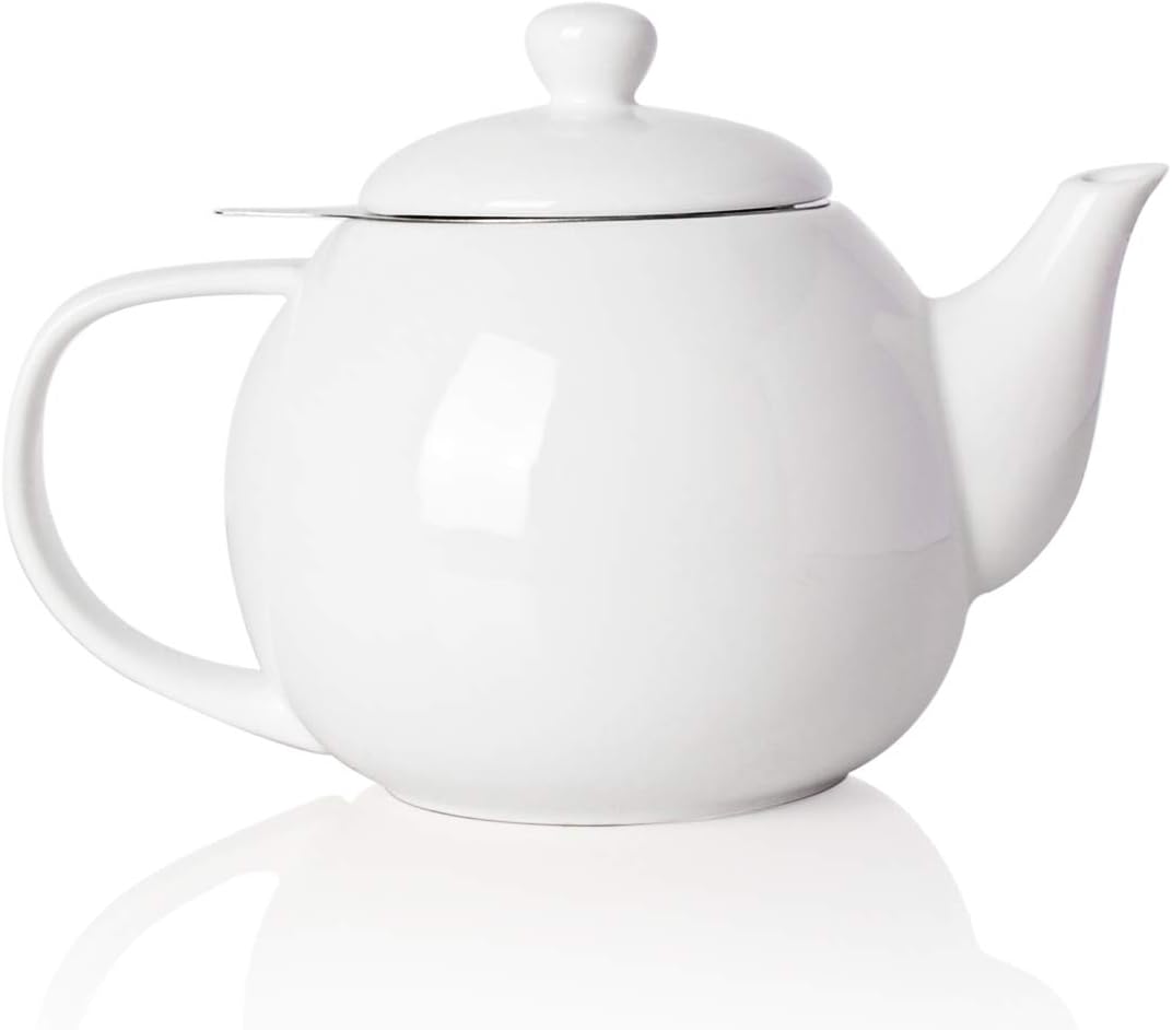 Sweejar Porcelain Teapot with Removable Stainless Steel Infuser,Microwave & Dishwasher Safe Tea Pots for Loose Tea,Tea Infuser Pots for Chrismas Women Gift (30oz White)