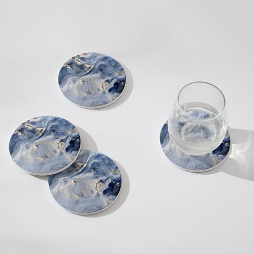 Set of 6 Navy Blue Marble Coasters with Holder (6 Count)