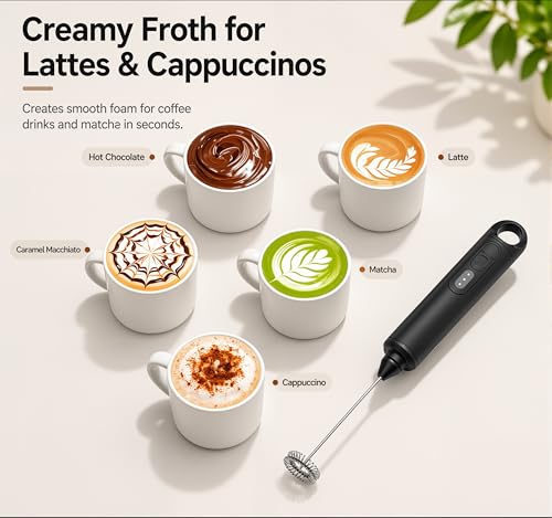 Rechargeable Milk Frother Handheld 3 Speed Coffee Foamer [3 Whisk] Electric Drink Mixer for Latte
