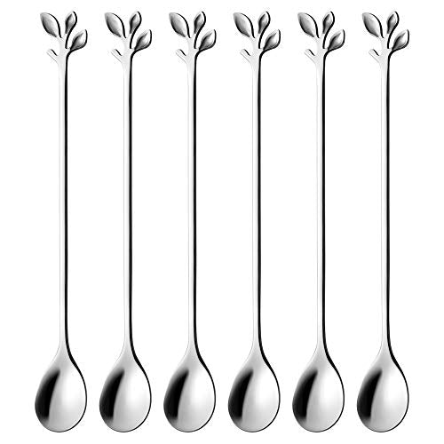 6 Piece Elegant Silver Leaf Long Handle Teaspoons (6 Count)