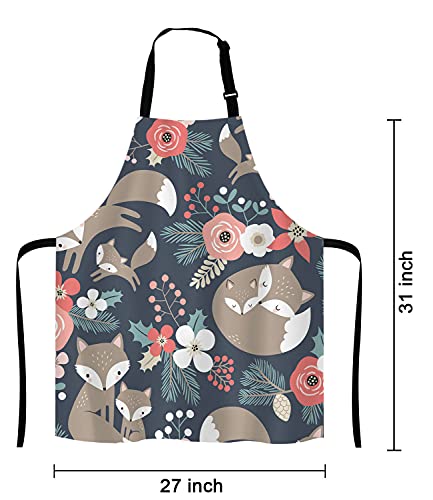 Cute Fox Family and Flowers Bib Apron with Adjustable Neck for Men Women