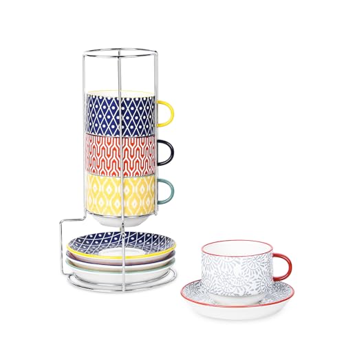 Ceramic Cappuccino Cups with Saucers and Metal Stand (4 Count)