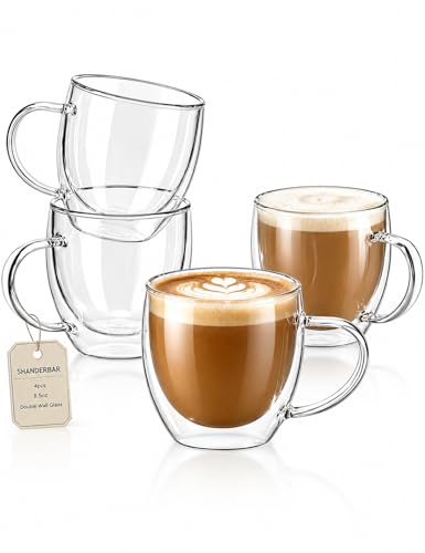 8.5oz Double Walled Glass Coffee Mugs with Handles (4 Count)