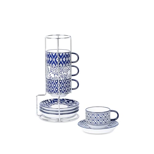 Ceramic Espresso Cups with Saucers and Metal Stand (4 Count)