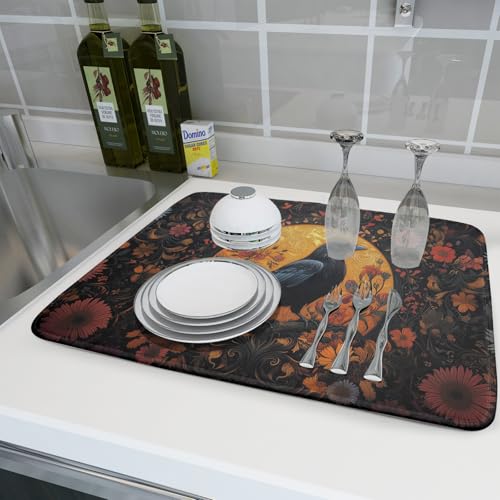 Vintage Crow Dish Drying Mat 18"x24" Gothic Black Raven Boho Flowers Dish Drainer Mats Rustic Halloween Farmhouse Reversible Large Dish Drying Pad Protector for Kitchen Countertop Decor