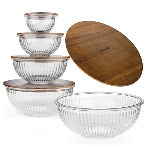 Stackable Glass Mixing Bowls with Acacia Lids Set of 5