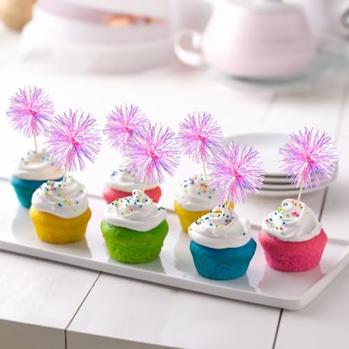 30Pcs Foil Firework Cupcake Toppers Sparkle Tinsel Cake Toppers Tinsel Drink Cake Decoration Cocktail Picks for Birthday Wedding Graduation Party Supplies Laser Rose Red (30 Count)