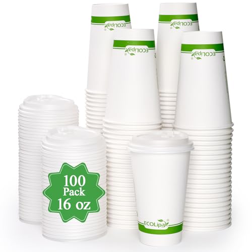 100 Count 16 oz Compostable Paper Coffee Cups with CPLA Lid