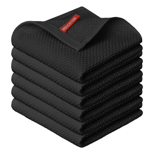 100% Cotton Black Waffle Weave Kitchen Dish Cloths (6 Count)