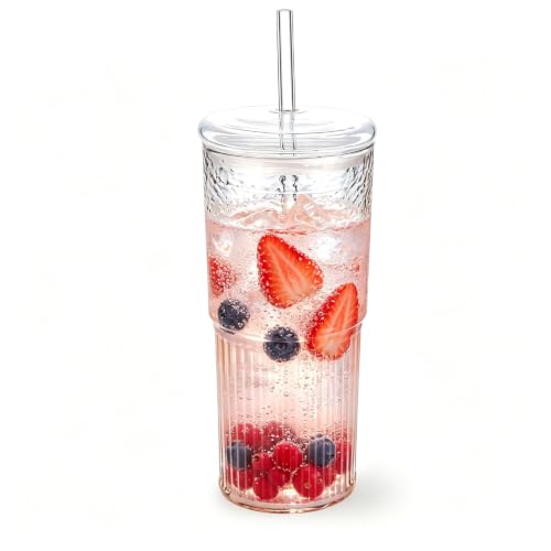 20 oz Glass Cups with Lids and Straws