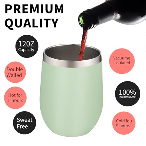 12oz 6 Pack Wine Tumbler Glasses with Lid Stemless Double Wall Vacuum Stainless Steel Travel Tumbler Keeping Cold & Hot for Wine (6 Count)