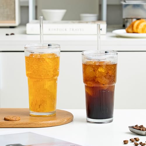 20oz Wave Ribbed & Wavy Glass Tumbler with Lid and Straw