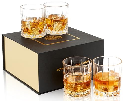 Old Fashioned Whiskey Glasses 3 Designs Bourbon Glass 10 oz Set (4 Count)