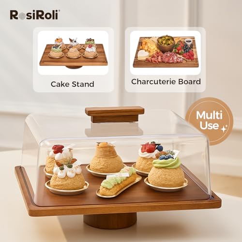 2-in-1 Acacia Wood Cake Stand with Acrylic Dome Cover