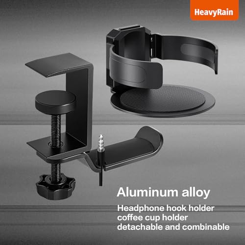 Aluminum Under Desk Cup Holder with Headphone Hook & Cable Clip