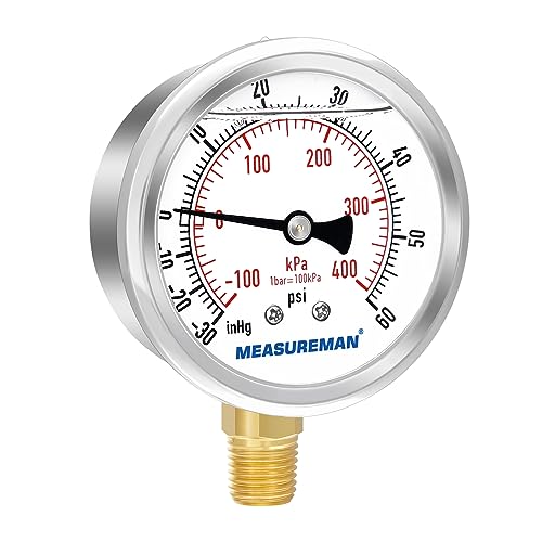 2-1/2" Dial Size, Glycerin Filled Pressure Gauge, 30inHG-60psi, 304 Stainless Steel Case, 1/4" NPT Lower Mount