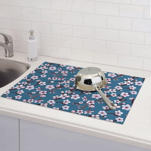 18x24 Blue Cherry Blossom Floral Microfiber Absorbent Dish Drying Mat