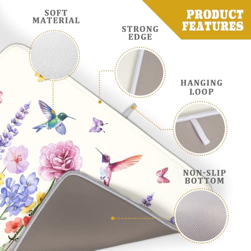Hummingbird Flower Dish Drying Mat 18x24 inch Watercolor Spring Herb Floral Dish Drainer Mats Wildflower Plant Reversible Microfiber Dish Drying Pad for Kitchen Countertop Large Decor