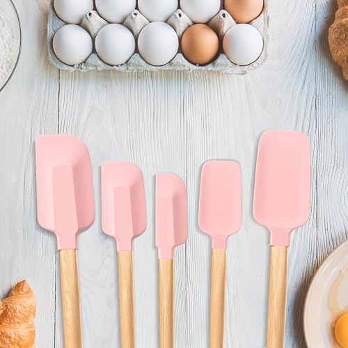 Wooden Handle Silicone Rubber Spatula Set 5 Piece for Kitchen Baking (5 Count)