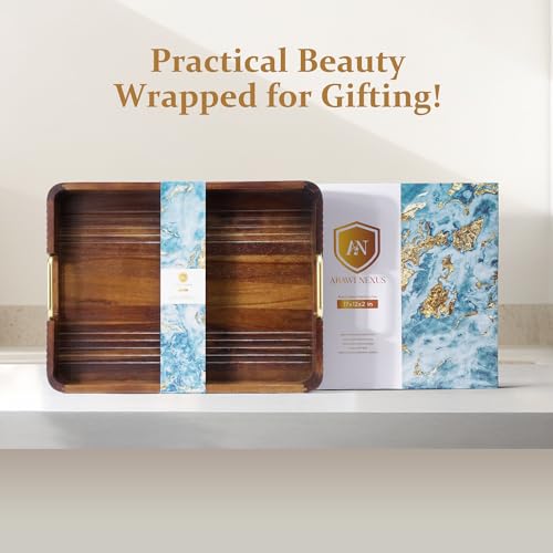 Acacia Wood Serving Tray with Metal Handle